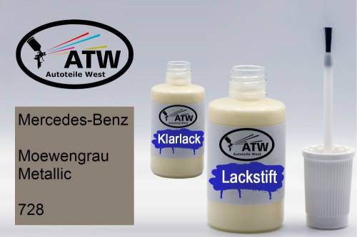 Mercedes-Benz, Moewengrau Metallic, 728: 20ml Lackstift + 20ml Klarlack - Set, von ATW Autoteile West.